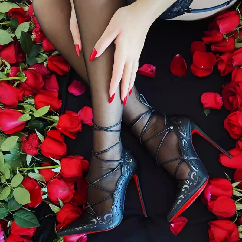 

Summer New Pointed Shallow Mouth Black Lace up Single Shoes Slim High Heel Banquet Dress Versatile Large Red Sole Women's Shoes