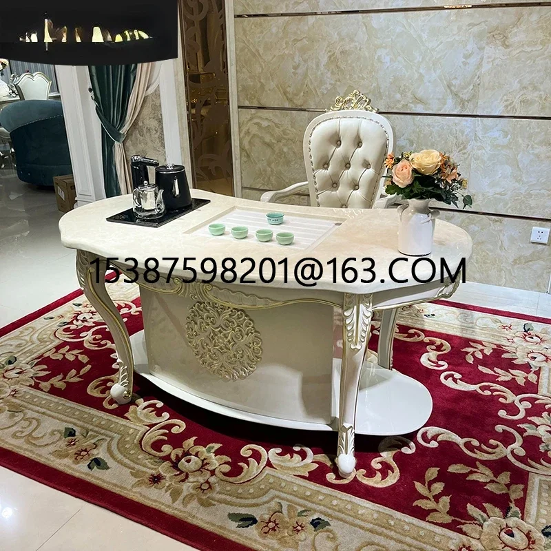 

Ruisen Noble European Family Tea Table and Chair Combination Marble Tea Table, Tea Making Table, Solid Wood Carved Kung Fu