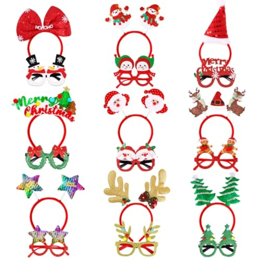 18Piece Christmas Headbands and Glasses Frame Set with 18 Cute Designs Exquisite Decoration Accessories Perfect for Hol