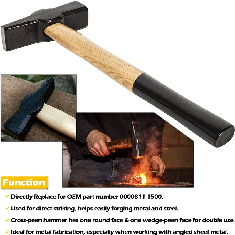 Blacksmiths' Hammer (0000811-1500) for Bladesmith Blacksmith Cross PeenHardened Face & Hickory Handle (3.3 Lb / 1500 Grams)