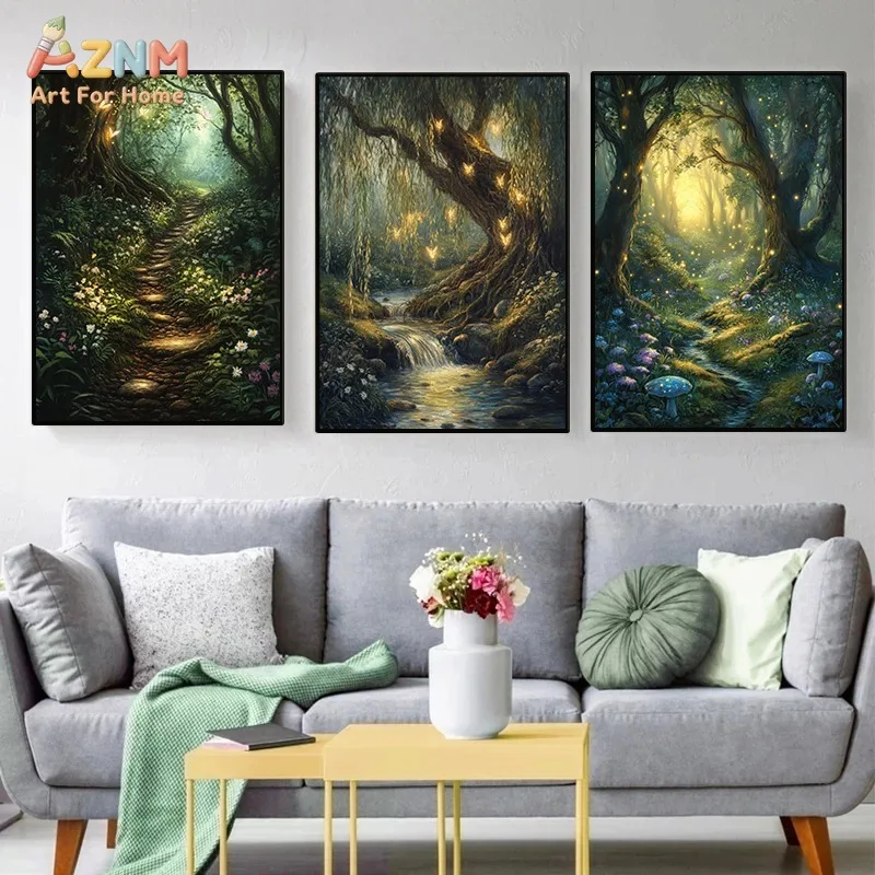 AZNM Unframed Canvas Print Magical Enchanted Forest Wall Art Fantasy Glowing Trees Home Decor Poster