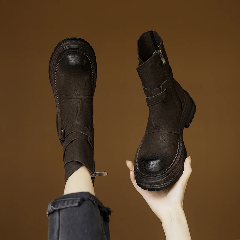 2026 new autumn winter natural leather women ankle boots 22-25cm Frosted cowhide belt buckle thick heel side zip short boots