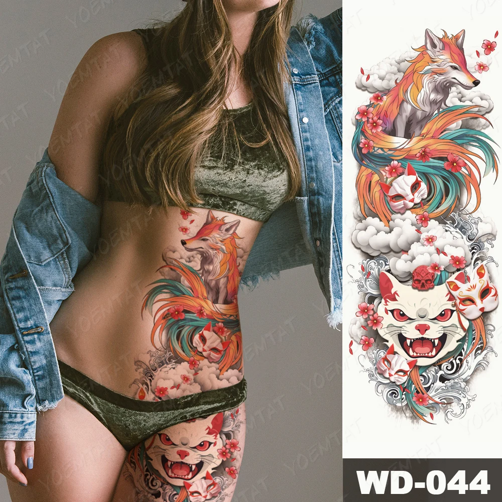 Large Arm Sleeve Tattoo Ninetales Sakura Cat Demon Waterproof Temporary Tattoo Stickers Japanese Body Art Full Fake Tatoo Women