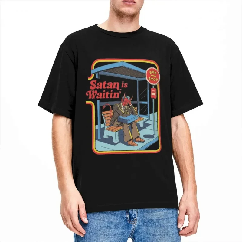 

Satan Is Waiting Funny Vintage Dark Art Men Women's T Shirts Humor Pulp Art Apparel Novelty Tees T-Shirts 100% Cotton Clothing