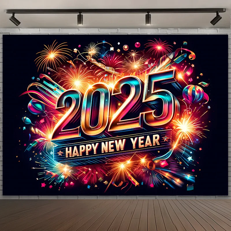 New Year 2025 Background banner Atmosphere sense New Year's Eve Gala Fireworks Theme Photo punch the clock Decorative Design ﻿