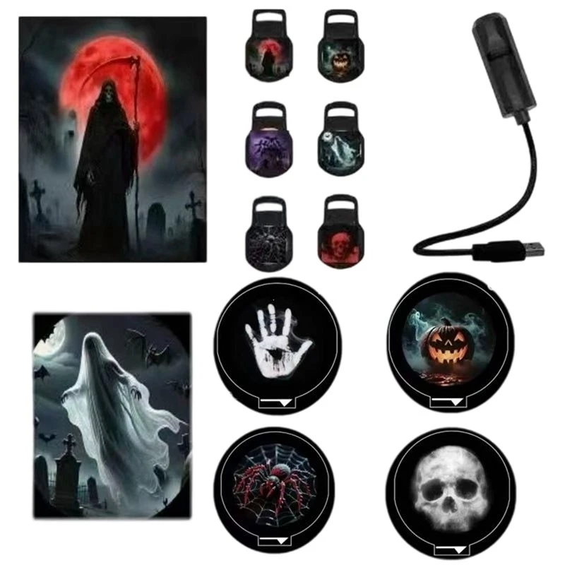 ABFN-USB Projector Light With 6 Changeable Slides Halloween Spooky Ghost Skull Pumpkin Room Decor Lamp