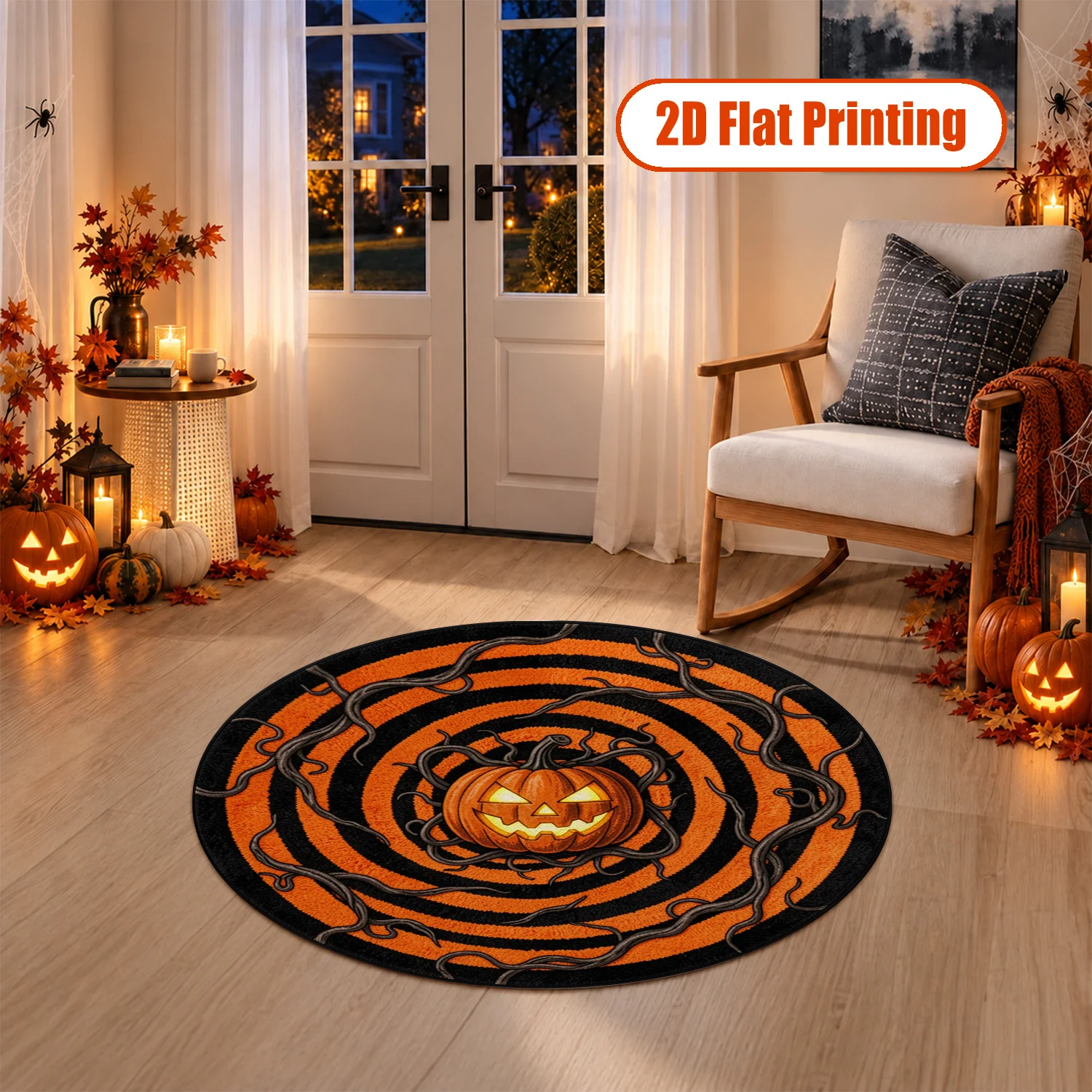 Jack O' Lantern Spiral Twisted Vine Design Round Velvet Rug Machine Washable for Living Room Bedroom Entryway Ideal for Halloween Thanksgiving Christmas New Year Black Friday Cyber Monday
