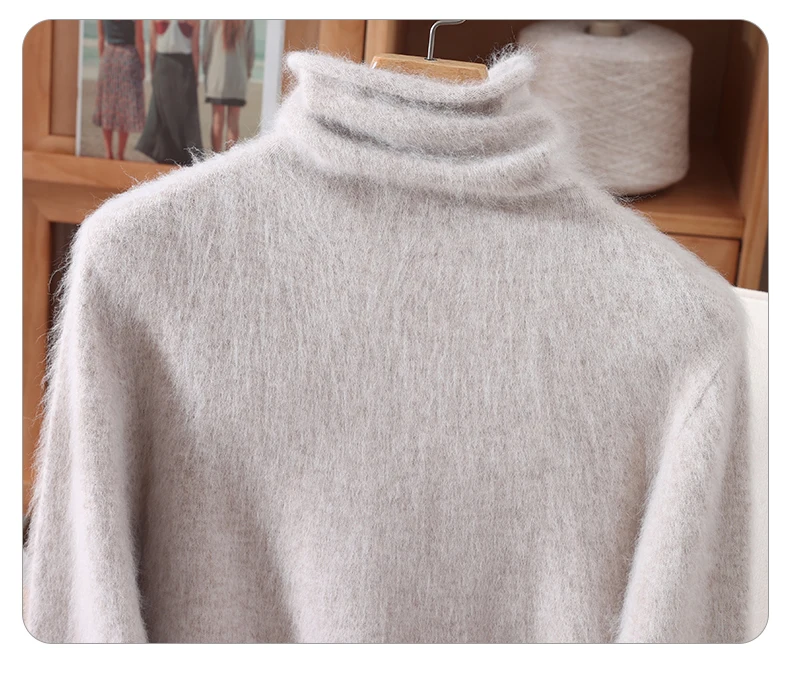 100% Pure Mink Fur Sweater Women's Pullover High Neck Knitted Sweater Autumn Winter New Item Pile Collar Thick Soft Base Sweater