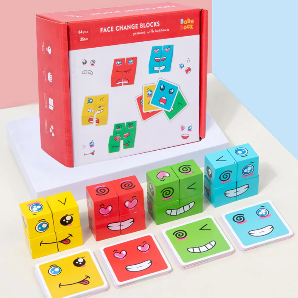 Magic Cubes Matching Games Montessori giocattolo in legno Face change Cube Expression Puzzle Building Blocks for Kid Learning Toy Gifts