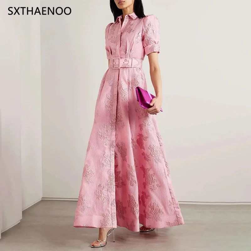 

SXTHAENOO Elegant Slim Long Dresses Spring Women Lapel Short Sleeved Dress Summer High Waist Pink Fashion Belt Knee Length Dress