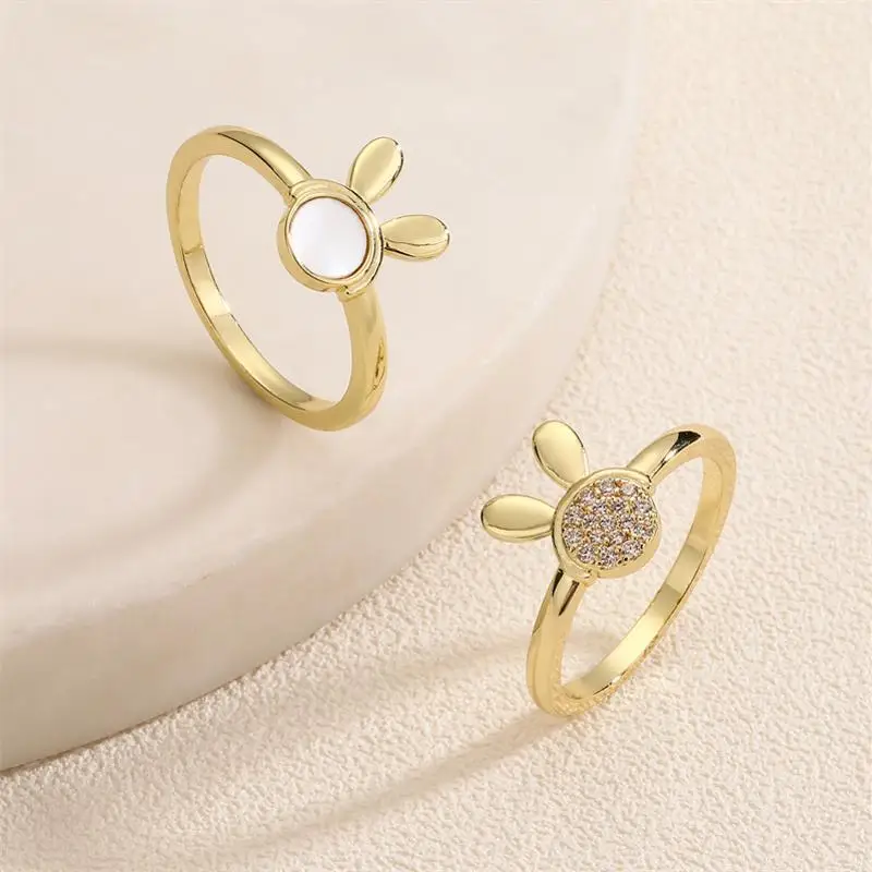 

UILZ INS Simple Rabbit Bow Zircon Rings For Women Gold Color Animal Design Plain Hoop Ring Daily Work Jewelry