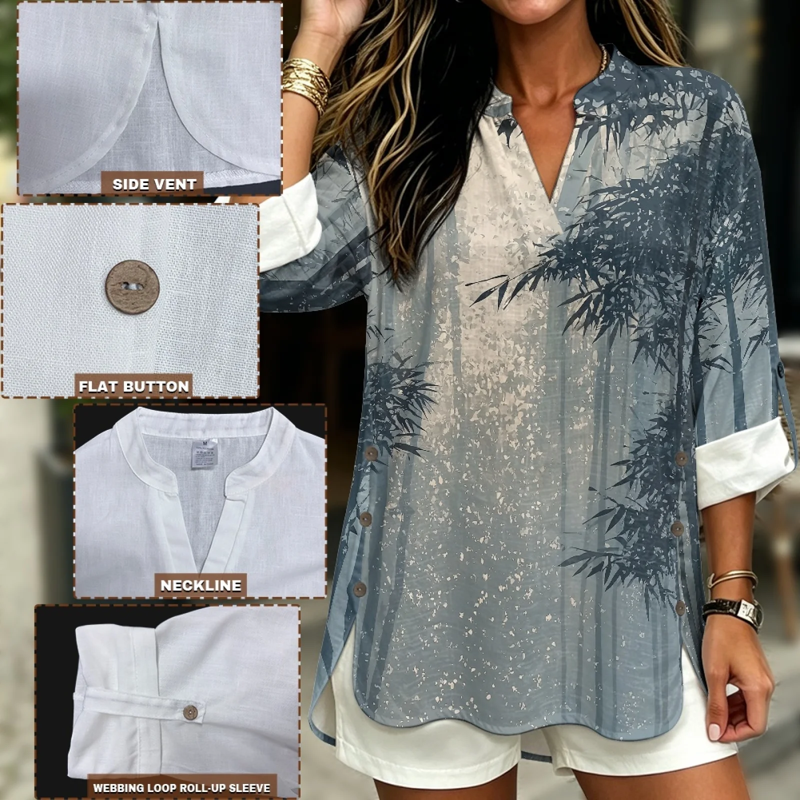 PENSTROLL Blue Forest Roll Up Sleeve Tunic Tops for Fall Linen Like V Neck Blouse Shirt Sizes S-5XL view 5