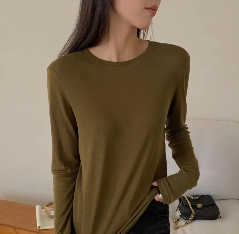 Spring and Autumn Casual Solid O-Neck Pullover Tops Long Sleeve T-shirt Women\'s 2024