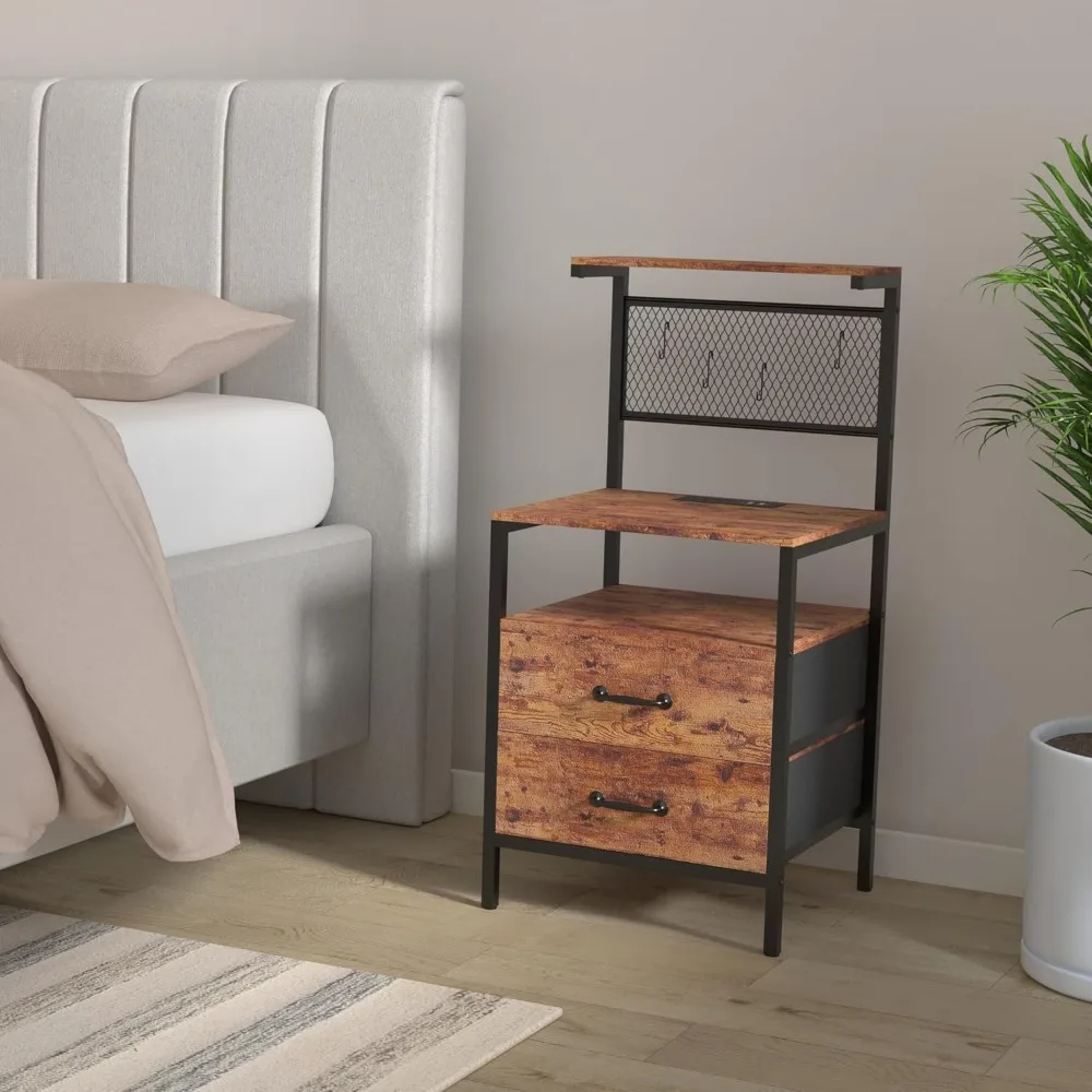 High bedside table with charging station and LED lights, bedside table with cloth drawers, mesh shelves with metal hooks