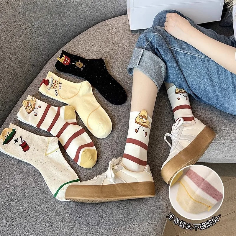 

Fun cartoon white socks women's medium tube socks trendy cotton Japanese cute striped summer socks stacking socks Zhuji