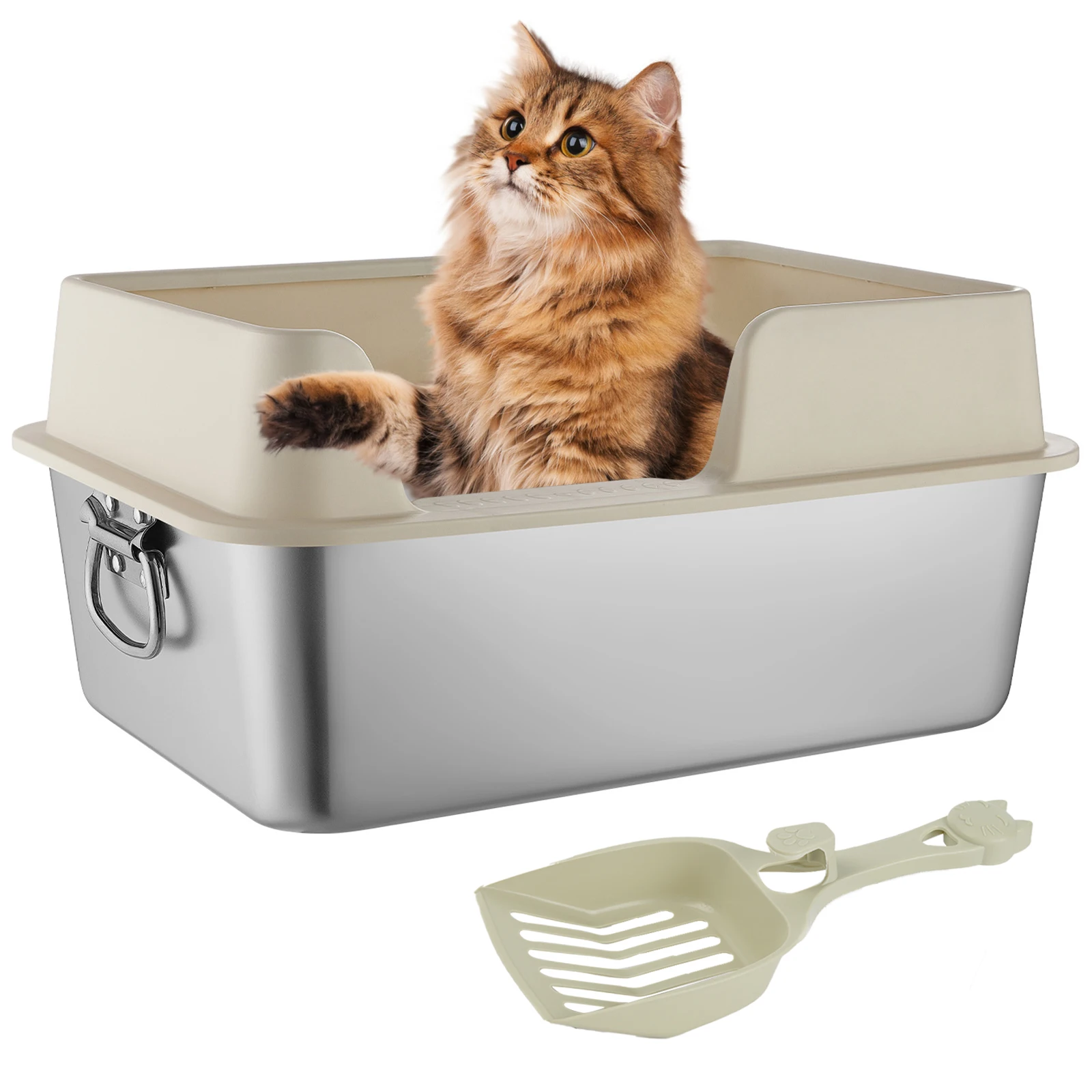 Stainless Steel Cat Litter Box with Scoop, Large Litter Box with High Sided Walls, Anti-Splashing Cat Litter Box with Handle