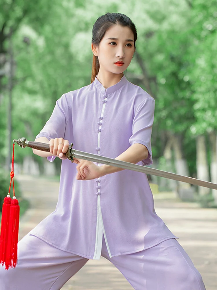 New Women Tai Chi Suit Summer Short Sleeve Ba Duan Jin Training Thin Ice Silk Breathable Martial Arts Practice Beautiful Uniform