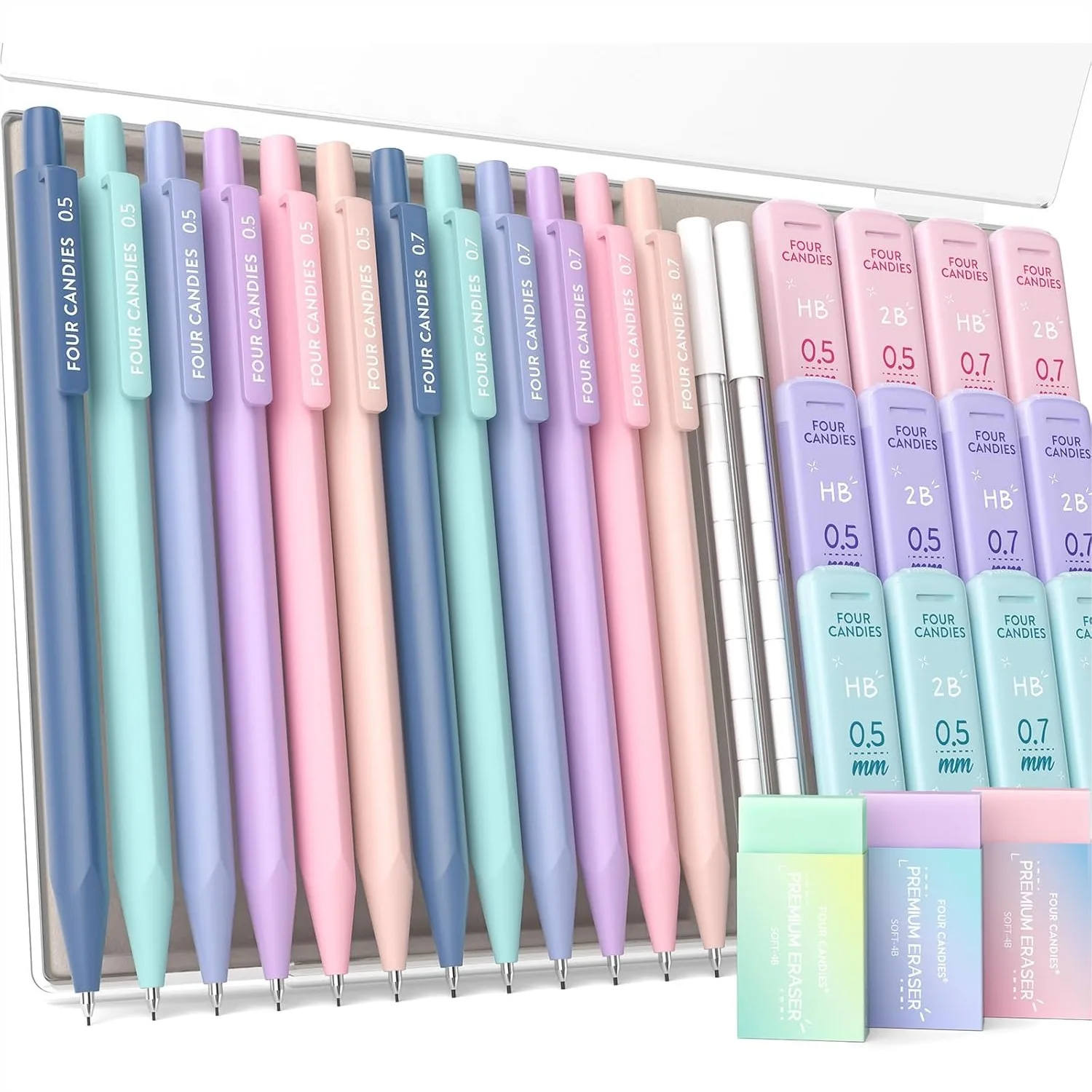 

12PCS Cute Mechanical Pencil Set with 741 Leads & Erasers, 0.5 mm & 0.7mm for Writing & Drawing