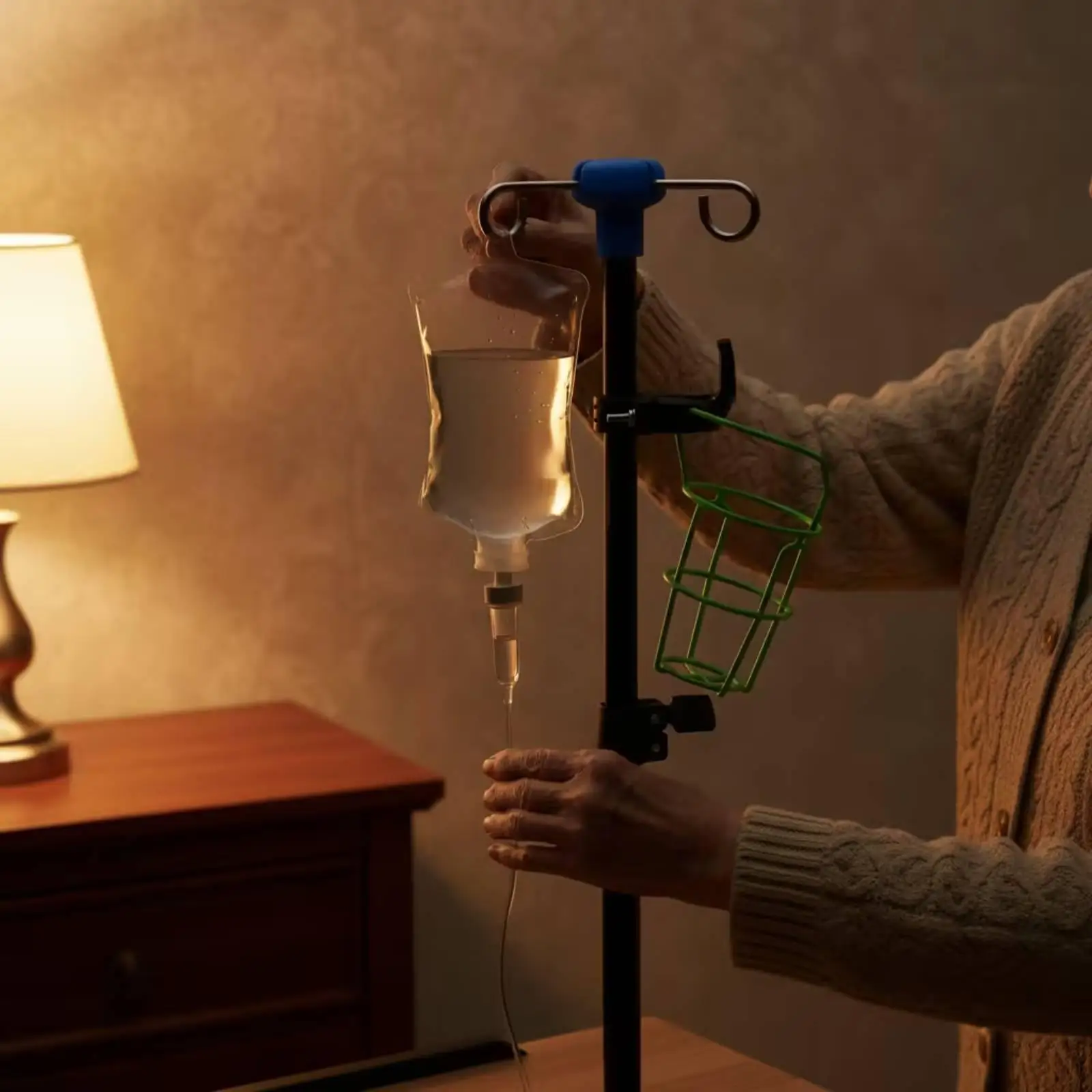 Portable Infusion Stand for Bedside Use with Adjustable Height Clamp Base Fits Tables and Bed Frames