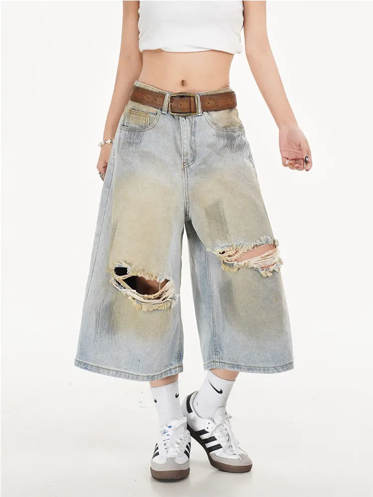 

Trendy Denim Shorts Women's High-Waisted Vintage Petite Loose-Fit Straight-Leg Slimming Five-point Pants Summer Style