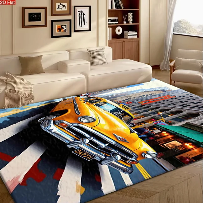 Retro New York Yellow Taxi City Street Art carpet flooring, Modern Urban Oil Painting Style Print Area Rug for Living Room Bedroom Home Decor