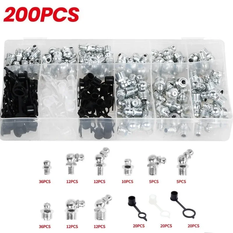 200Pcs Zerk Grease Nipple Fittings Set Oil Cup Butter Nipple with Dust Cap Straight 90-Degree 45-Degree Tool Parts M6/M8/M10