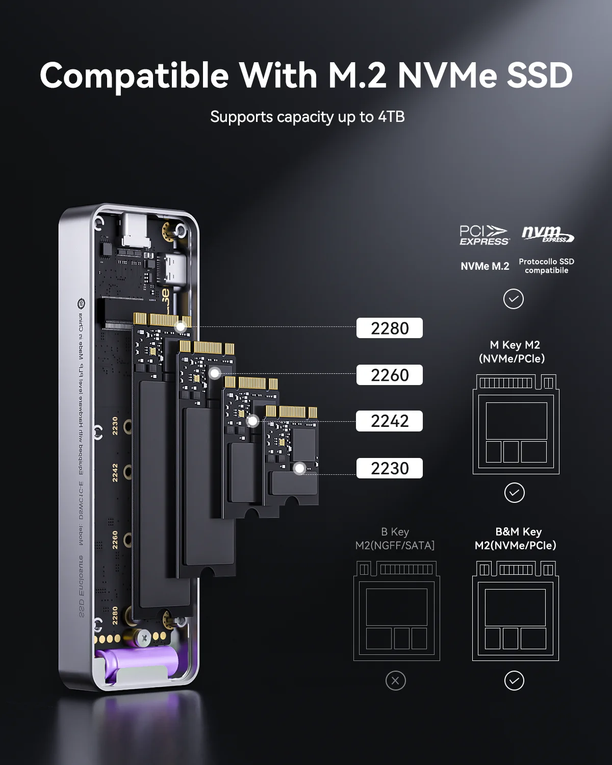 DOCKCASE Explorer M.2 NVMe SSD Enclosure, 10s PLP, USB 3.2 Gen 2 (10Gbps), fits NVMe PCIe 2230-2280, M-Key & B+M Key, UASP.