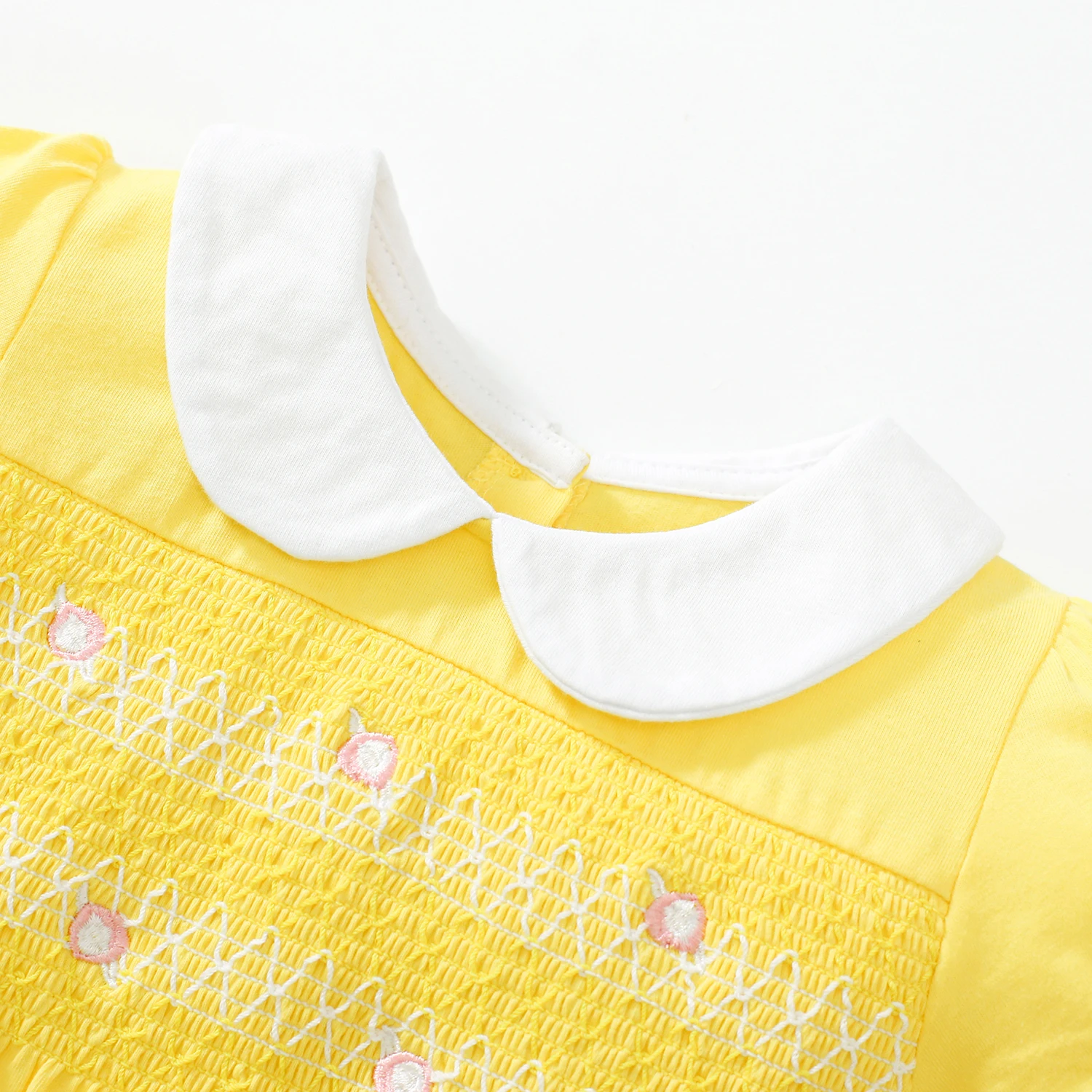 TUONXYE Summer Baby Girl Dress Cotton Button Smocked Floral Embroidery Short Sleeve Kids Princess Party Dresses