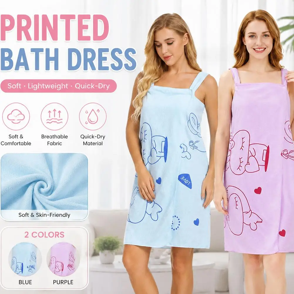 Wearable Bath Wrap Towel With Shoulder Straps Cute Cartoon Rabbit Print Soft Polyester Fast Drying Bathrobe For Women Girls