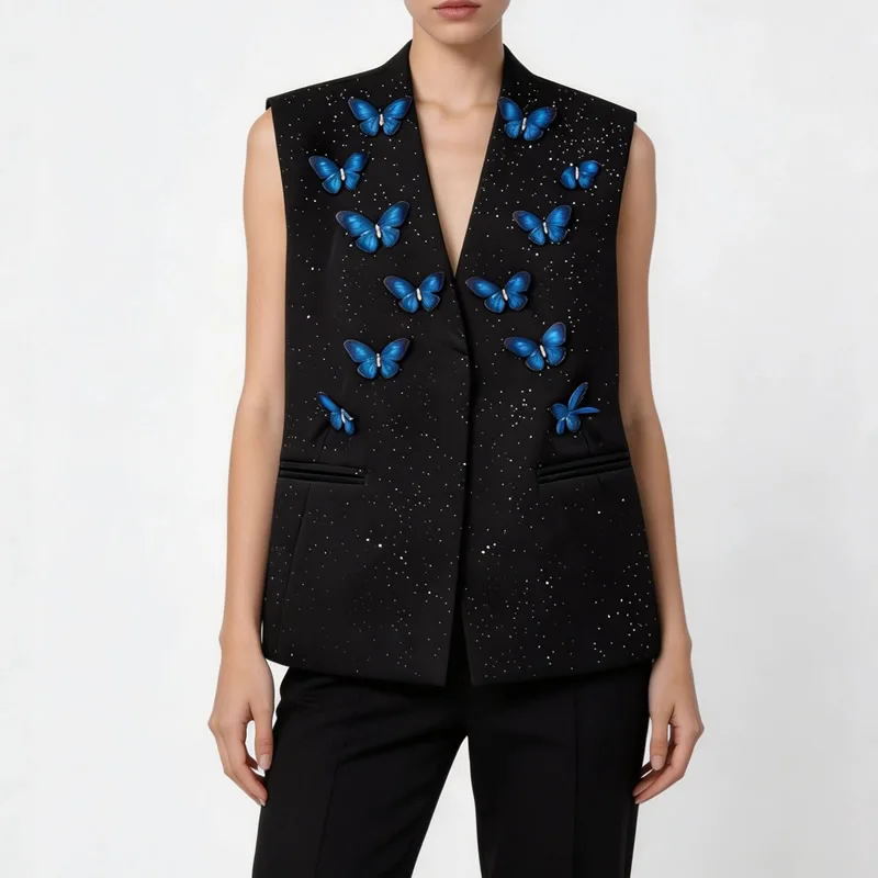 Summer New Women V-Neck Beading Butterfly Vest