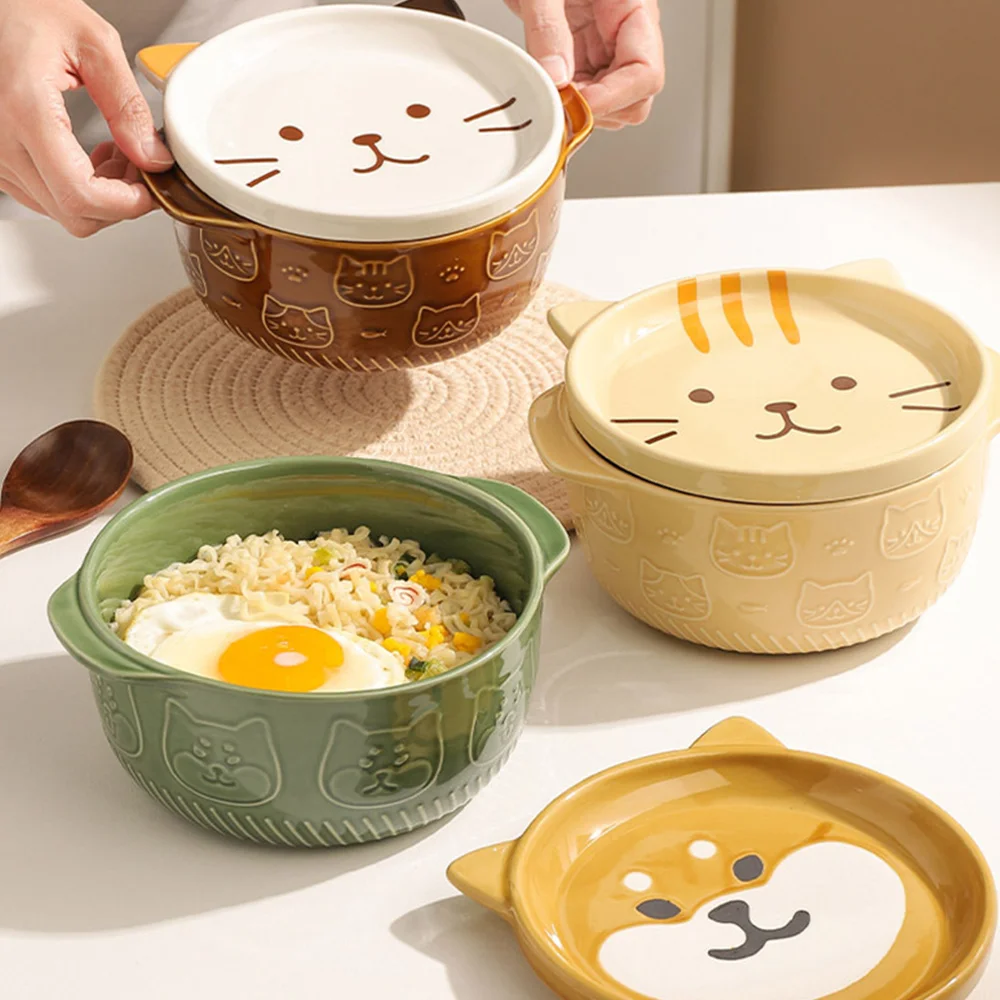 

AD-мультяшные японские миски для лапши с изображением кота и собаки с крышками, милые животные, суп, салат, фруктовая миска, кухонная посуда