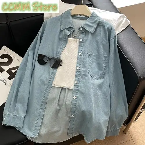 New Vintage Jeans Shirts for Women Korean Oversized Turn Down Collar Blouses Office Ladies Long Sleeve Denim Tops