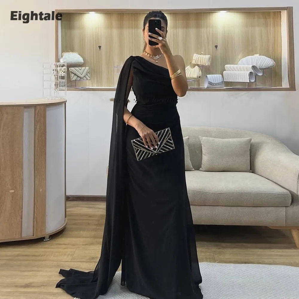 

Eightale арабское вечернее платье на одно плечо, индивидуальное шифоновое платье со складками, черное платье трапециевидной формы длиной до пола, свадебное платье для выпускного вечера
