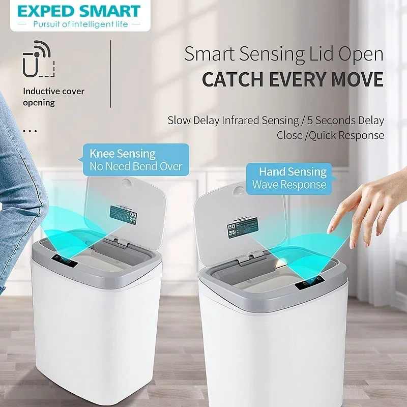 Smart Trash Can Touch Sensor Automatic Trash Bin Can Plastic Kitchen Cans Living Room With LED Light Large Capacity Household