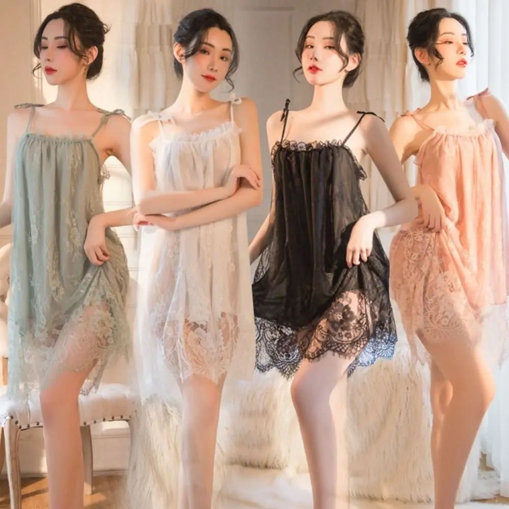 Fashion Lace Flower Suspender Nightdress Loose Ruffled Edge Female Sleepshirts Thin Pajamas Sleep Dress Home