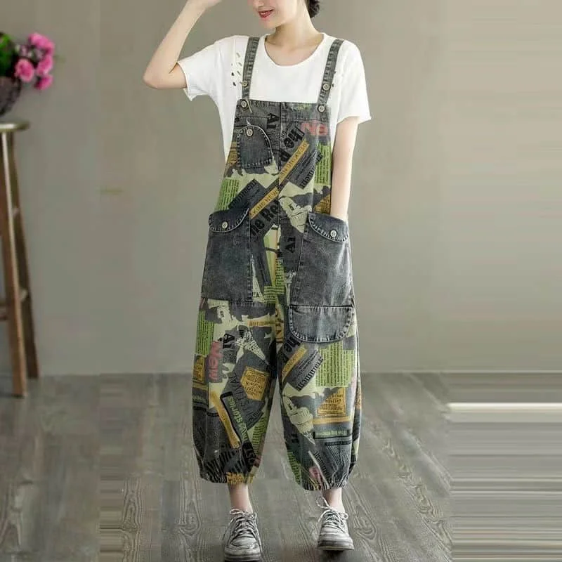 Denim Jumpsuits for Women Printed Korean Style Overalls One Piece Outfit Women Rompers Casual Vintage Playsuits Straight Pants