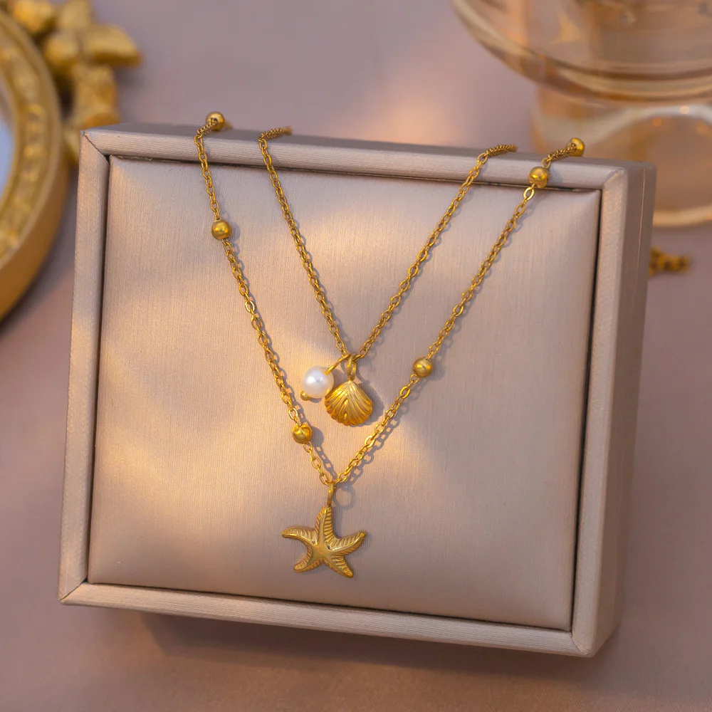 Necklace Ocean Shell Starfish Pearl Titanium Steel Double Layer Women Western Elegant Lightweight Colorfast Choker Party Gift