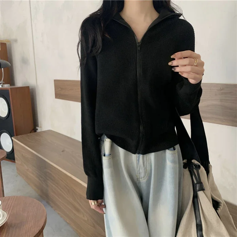 Fashion Zipper Cardigan Loose Simple Versatile Long-sleeved Knitted Cardigan Grey Autumn and Winter Casual Turtleneck Sweater