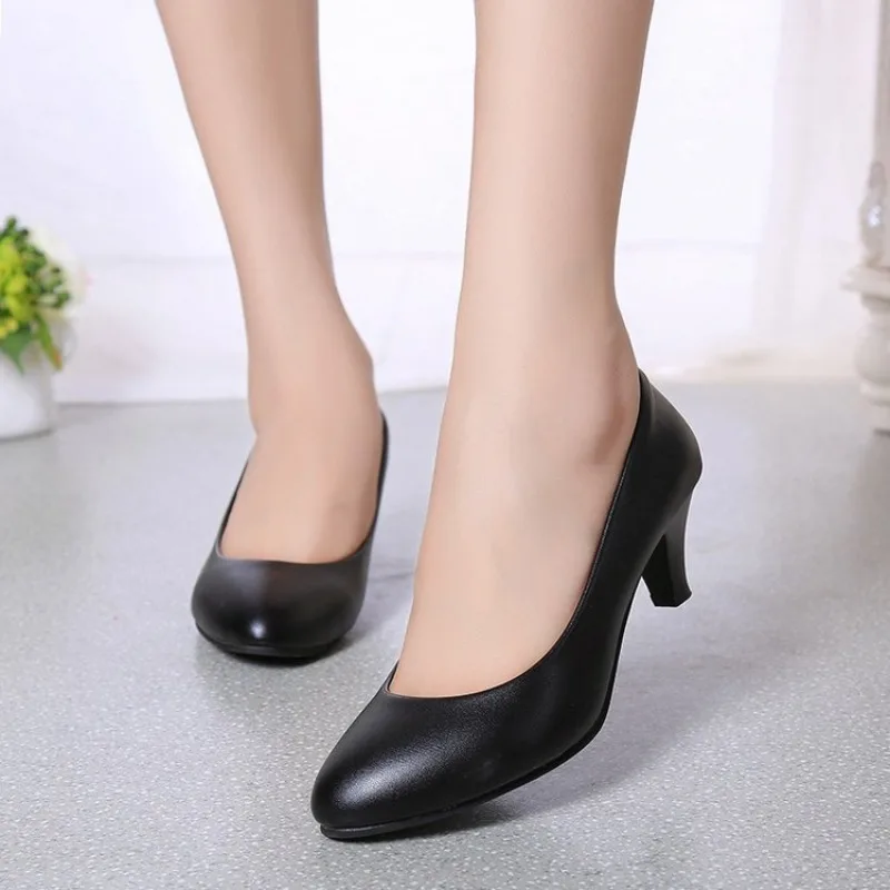 Lady Four-Season Mid-Heel Shoes Women Mid-Heel Pointed Shoes 5CM Chunky Heel Casual Leather Shoes Mid-Heel Point workplace Shoes