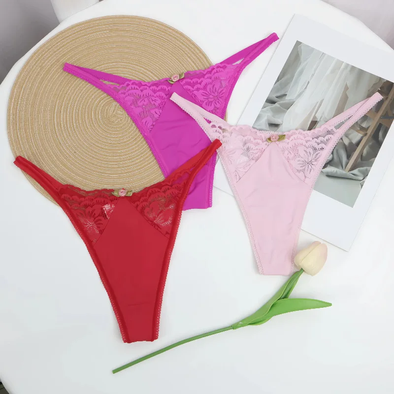 Ropa Interior de Yoga Transpirable de Cintura Baja para Mujer, Tanga de Nailon sin Costuras con Borde de Encaje, Diseño Elega...
