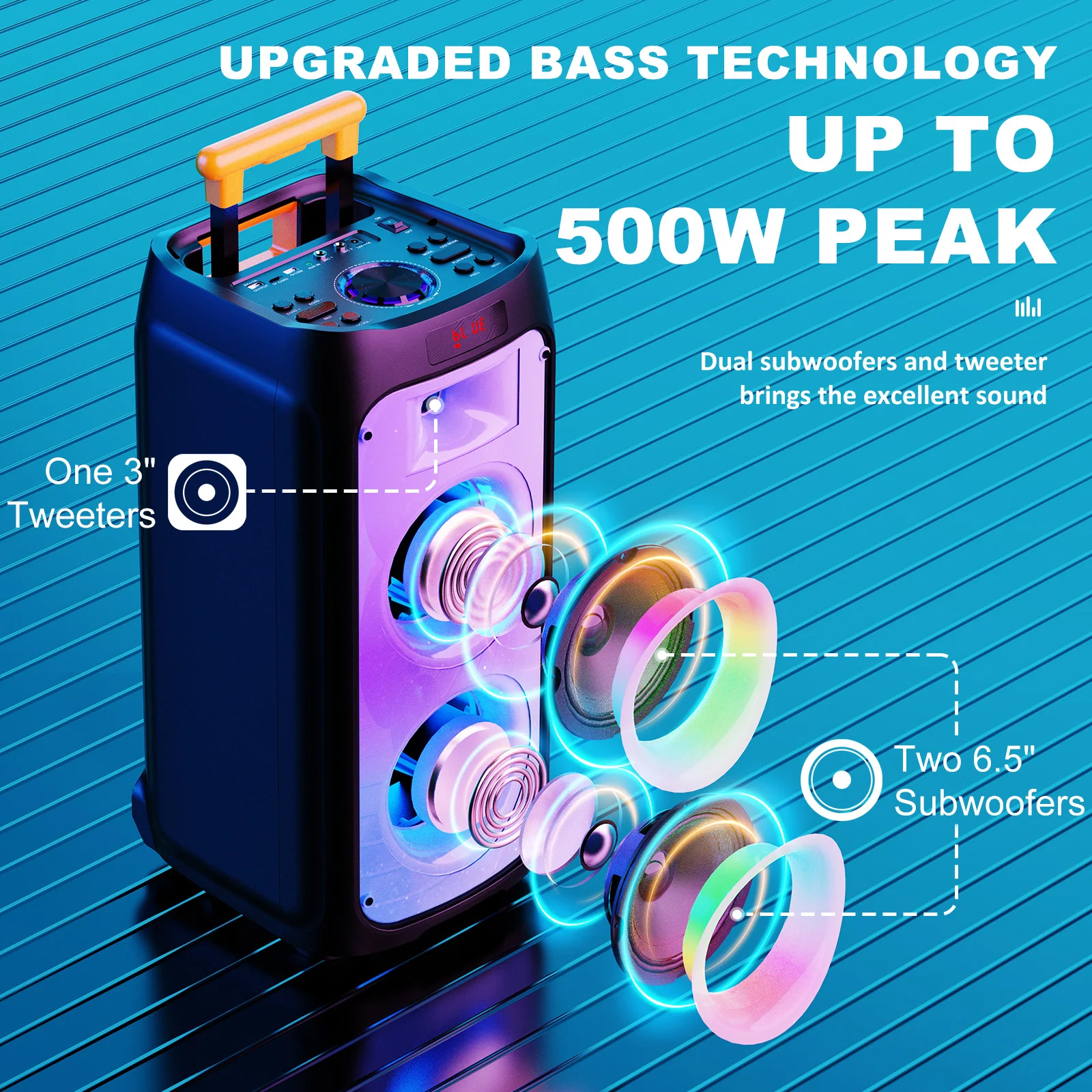 آلة الكاريوكي T8، مكبر صوت كاريوكي كبير مزود بتقنية البلوتوث مع طاقة ذروة 500 وات للبالغين، نظام PA مع عجلات دوارة وعربة #3