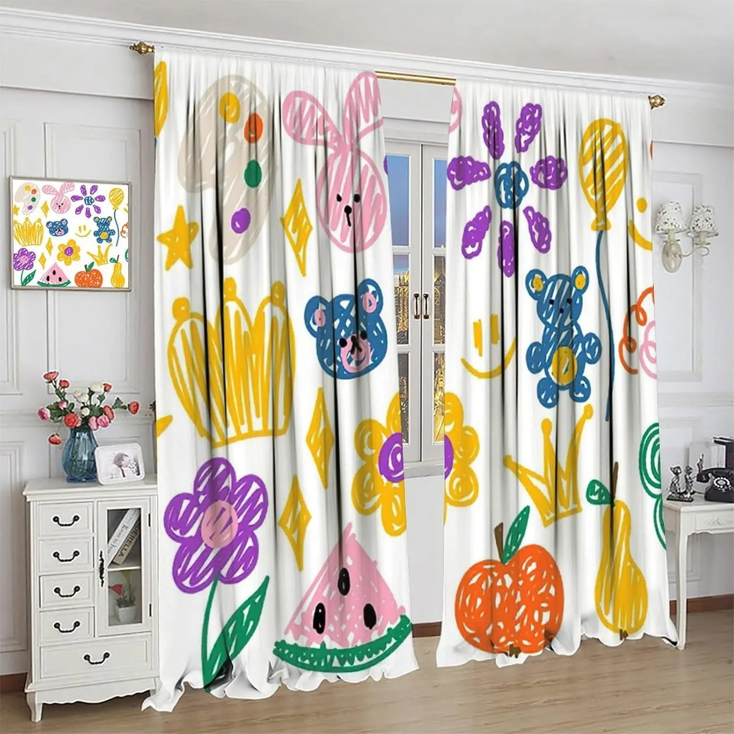 Kids Cartoon Curtains Cartoon Rabbit Bear Flowers Blackout Window Treatments for Kids Girls Toddler Bedroom Window Drapes