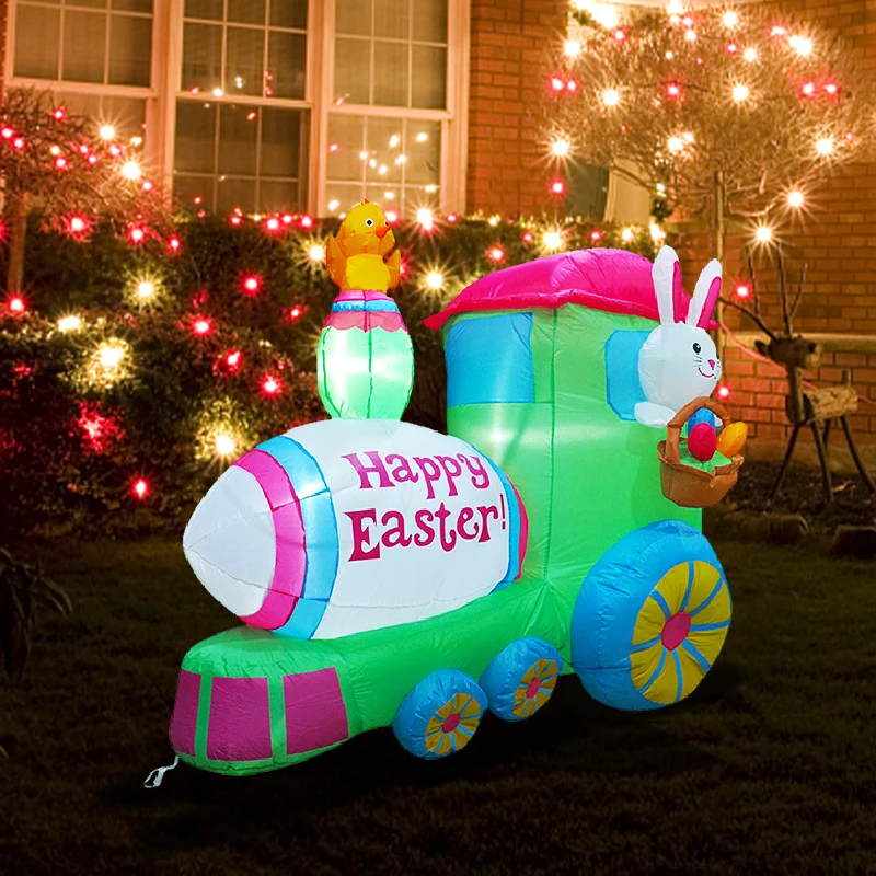 4 Foot Long Easter Inflatable Bunny with Bow Tie Ride on Train Rabbit Driving Car Yard Blow Up Decoration Indoor Outdoor Toys