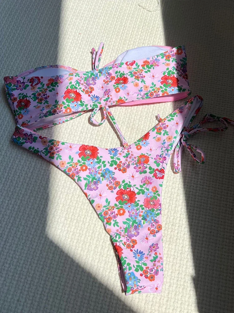 2025 新しい夏のビキニセットセクシーなハイウエストプリントスプリットビキニ 2 点セット女性水着ビーチセクシーな背中の開いたレースアップビキニ