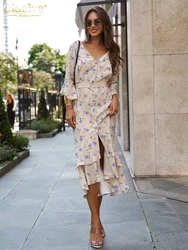 Clacive Fashion Loose Print Women's Dress 2025 Sexy V-Neck Long Sleeve Midi Dresses Elegant High Waist Slit Ruffle Female Dress