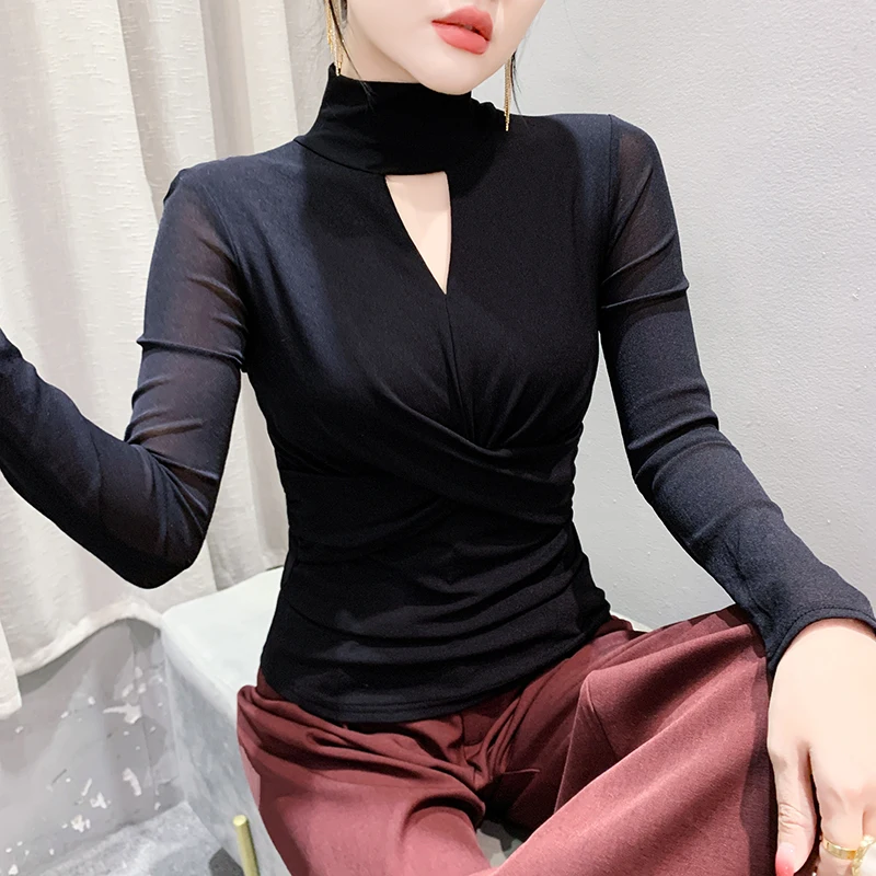 

2025,European,Clothes,Winter,T-shirt,Sexy,Turtleneck,Hollow Out,Draped,Solid,Women,Tops,Long Sleeve,Bottoming,Shirt,Tees,41133