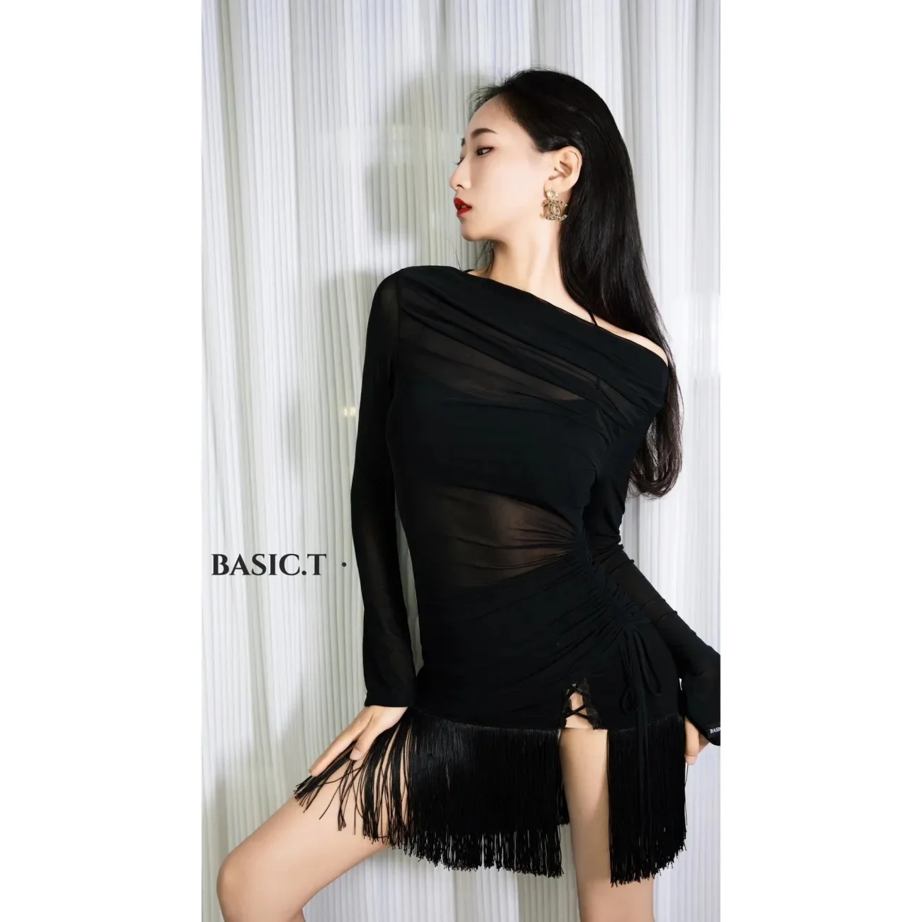 Adult Latin Dance Costume Women's Long Sleeve Mesh Drawstring Shoulder Sports Top Black Skin White Purple Yoga Fitness Clothing