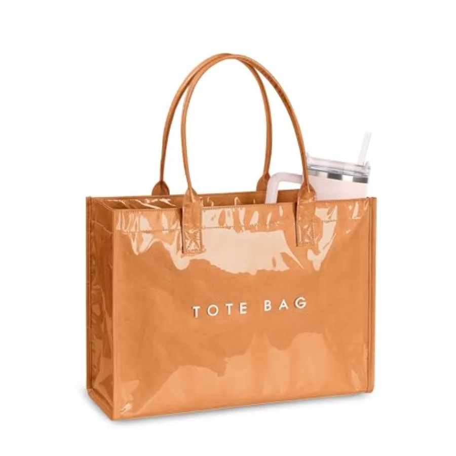 

Large PVC Tote Bag for Women Kraft Paper Handbag Beach Tote with Letter Print Top Handle Purse for Work Travel Shopping