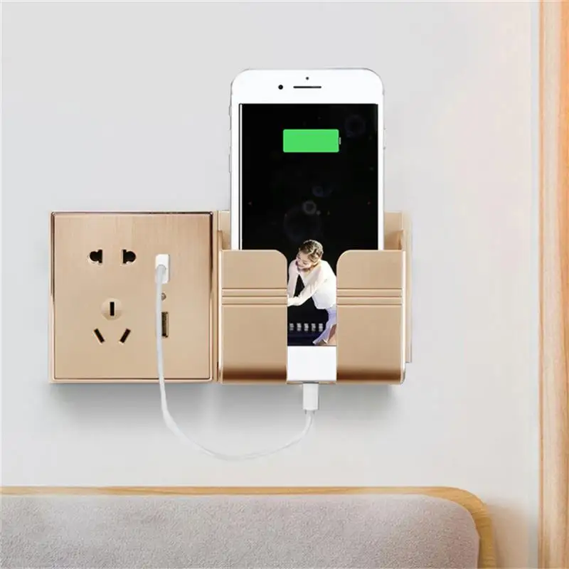 Non punching phone holder remote control storage box bedroom bedside phone charging multifunctional wall mounted storage rack