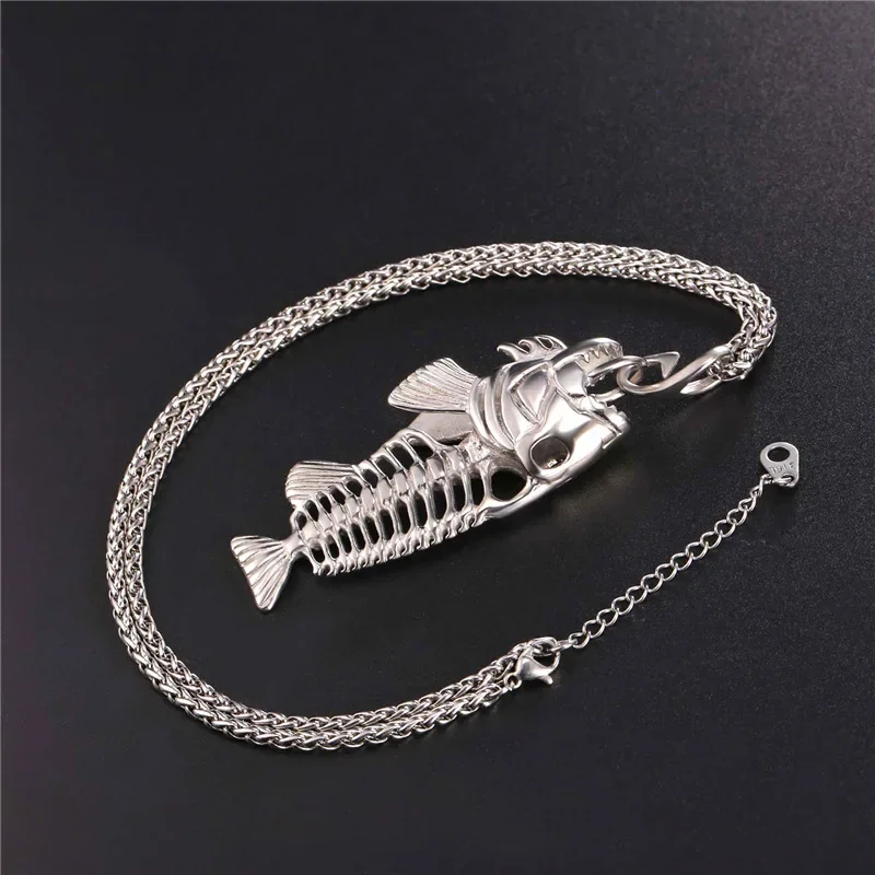 U7 Hip Hop Chain For Men Fish Bone Statement Pendant Necklaces Stainless Steel Fishing Hippie Kpop Jewelry P1039 QC24